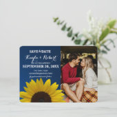 Zonnebloem en saffier Foto Save the Date Kaart (Staand voorkant)