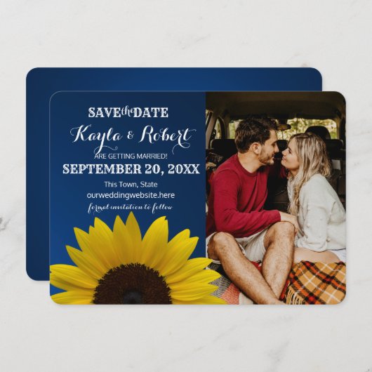 Zonnebloem en Sapphire Photo Save the Date Kaart (Voorkant / Achterkant)