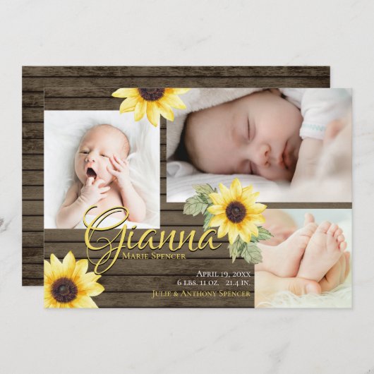 Zonnebloem en schuur Hout Fotouitnodiging Kaart (Voorkant / Achterkant)