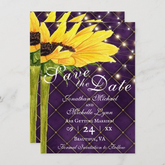 Zonnebloem en stralen op Paarse bruiloft Save The Date (Voorkant / Achterkant)