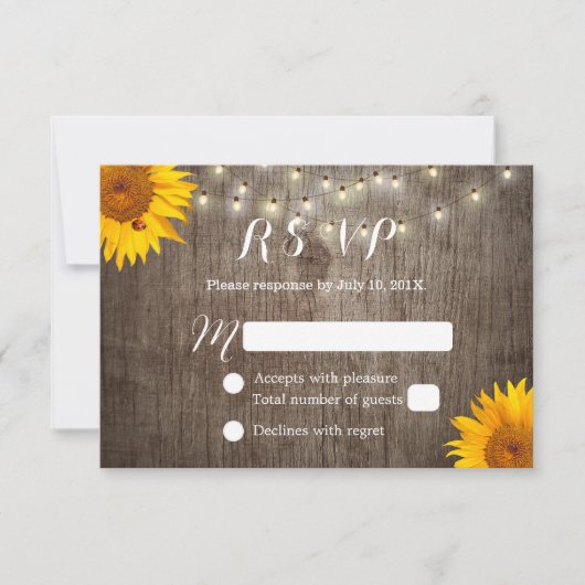 Zonnebloem en stralen Rustic Wedding RSVP Kaartje (Voorkant)