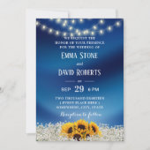 Zonnebloem en strijklampjes Navy Blue Wedding Kaart (Voorkant)