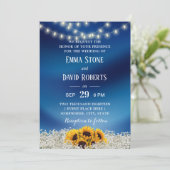 Zonnebloem en strijklampjes Navy Blue Wedding Kaart (Staand voorkant)