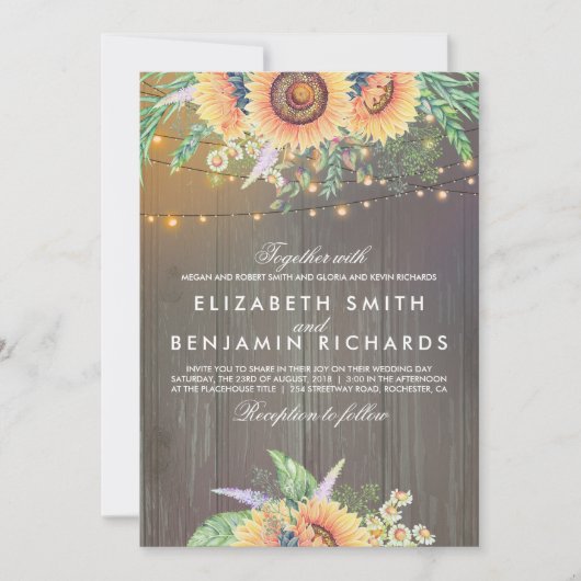Zonnebloem en String Lights Rustiek Hout Wedding Kaart (Voorkant)