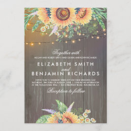 Zonnebloem en String Lights Rustiek Hout Wedding Kaart