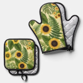 Zonnebloem en varens Waterverf Ovenwant & Pannenlap Set (Voorkant / Achterkant)