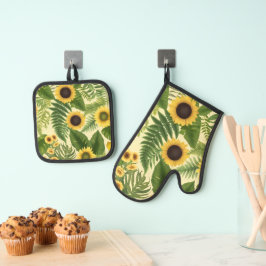 Zonnebloem en varens Waterverf Ovenwant & Pannenlap Set