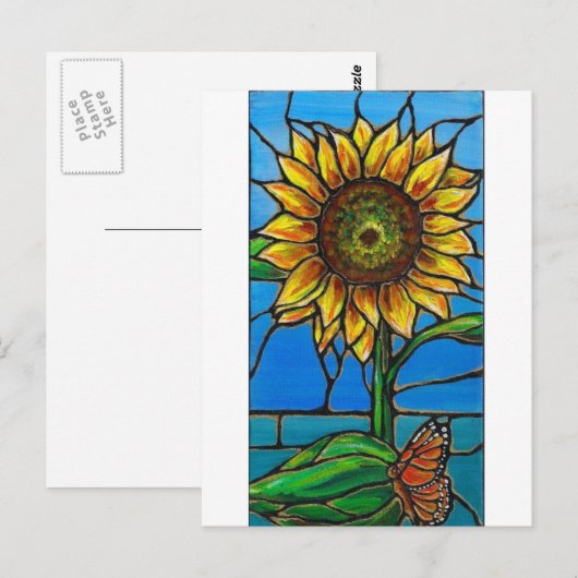 Zonnebloem en vlinder Kunst - gekleurd glas stijl! Briefkaart (Voorkant / Achterkant)