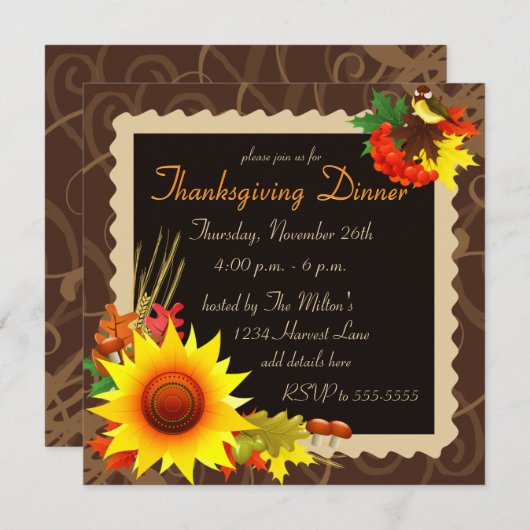 Zonnebloem en Vogelbruine Thanksgiving Invitation Kaart (Voorkant / Achterkant)
