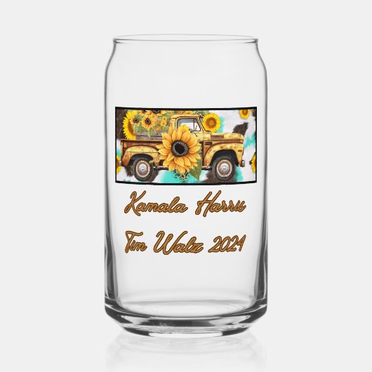  zonnebloem en vrachtwagen. Harris-Walz 2024 Blikvorm Glas (Voorkant)