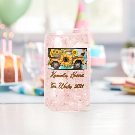 zonnebloem en vrachtwagen. Harris-Walz 2024 Blikvorm Glas (Insitu (Verjaardag))