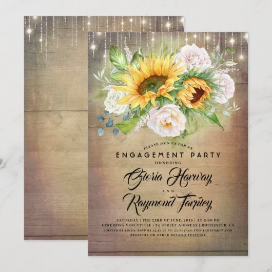 Zonnebloem en witte Rose rustieke verlovingsfeest Kaart (Voorkant / Achterkant)