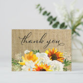 Zonnebloem en witte roze Floral 2 Burlap Bedankkaart (Staand voorkant)