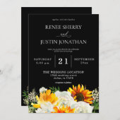 Zonnebloem en witte roze Floral Black Weddenschap Kaart (Voorkant / Achterkant)