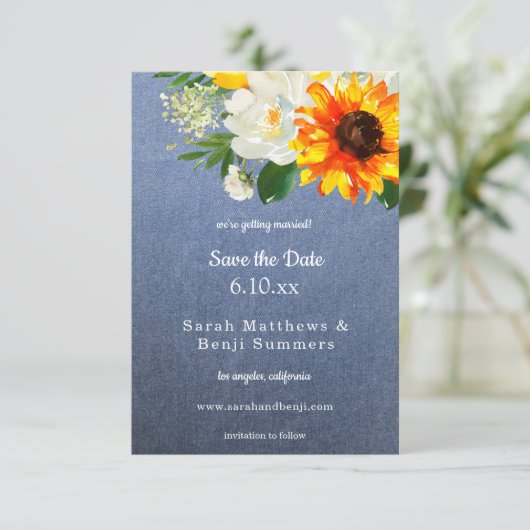 Zonnebloem en witte roze Floral & Jean Save The Date (Staand voorkant)