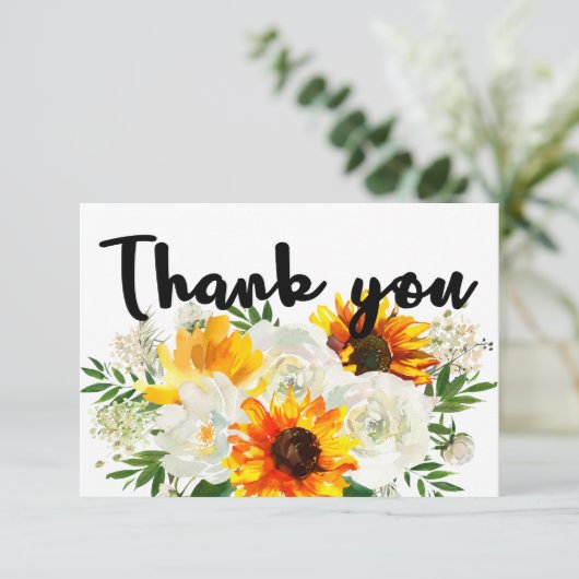 Zonnebloem en witte rozen bedankkaart (Staand voorkant)