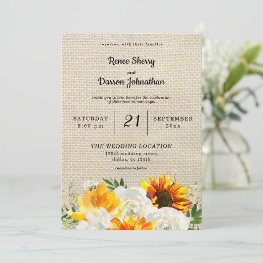 Zonnebloem en witte rozenbloem kaart (Staand voorkant)