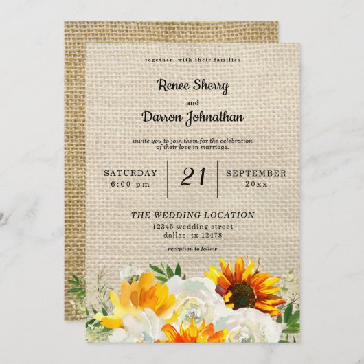 Zonnebloem en witte rozenbloem kaart (Voorkant / Achterkant)