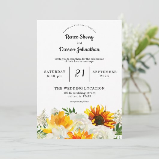 Zonnebloem en witte rozenbloem kaart (Staand voorkant)