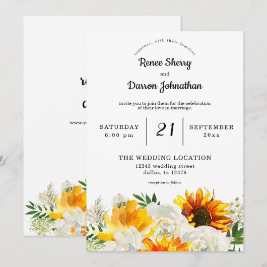 Zonnebloem en witte rozenbloem kaart (Voorkant / Achterkant)