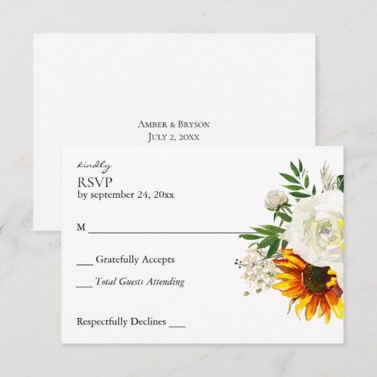 Zonnebloem en witte rozenbloem RSVP kaartje (Voorkant / Achterkant)
