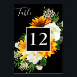 Zonnebloem en witte rozenstekels - zwart 2 kaart<br><div class="desc">Druk je tafels omhoog met deze artsachtige zonnebloem en witte roze bloemetjes. Ideaal voor bruiloften of feestjes. in wit of zwart. 2e versie</div>