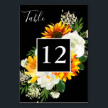 Zonnebloem en witte rozenstekels - zwart 2 kaart<br><div class="desc">Druk je tafels omhoog met deze artsachtige zonnebloem en witte roze bloemetjes. Ideaal voor bruiloften of feestjes. in wit of zwart. 2e versie</div>