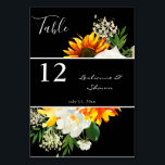 Zonnebloem en witte rozenstekels - zwart kaart<br><div class="desc">Druk je tafels omhoog met deze artsachtige zonnebloem en witte roze bloemetjes. Ideaal voor bruiloften of partijen. in wit of zwart</div>