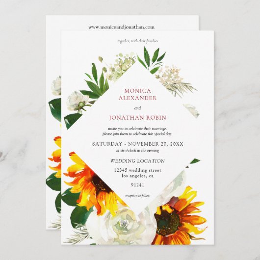 Zonnebloem en witte rozenstekelwortel kaart (Voorkant / Achterkant)