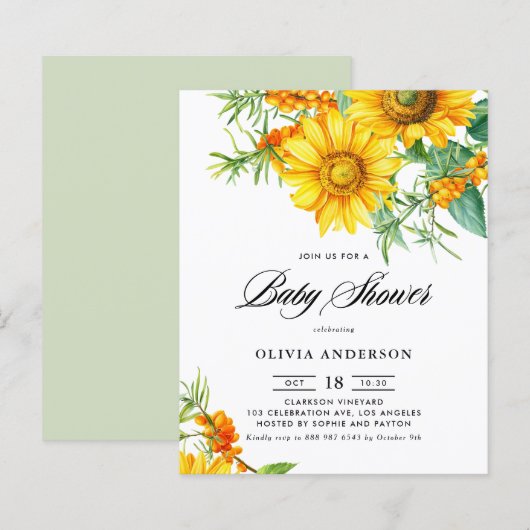 Zonnebloem en Zee Buckthorn Baby shower Uitnodigin (Voorkant / Achterkant)