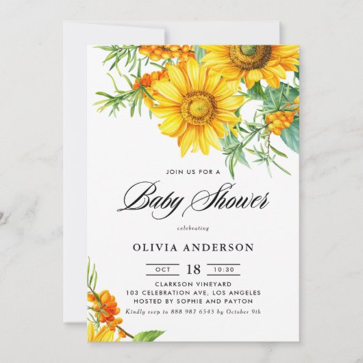 Zonnebloem en Zee Buckthorn QR Code Baby shower Kaart (Voorkant)