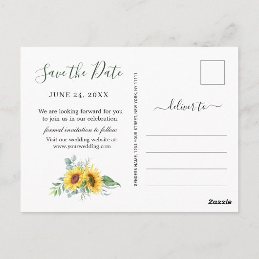 Zonnebloem Eucalyptus 3 FOTO Bruiloft Save the Dat Briefkaart (Achterkant)