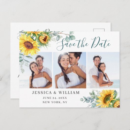 Zonnebloem Eucalyptus 3 FOTO Bruiloft Save the Dat Briefkaart (Voorkant / Achterkant)