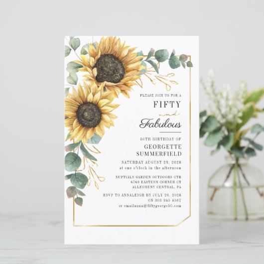 Zonnebloem Eucalyptus 50ste verjaardag uitnodiging (Staand voorkant)