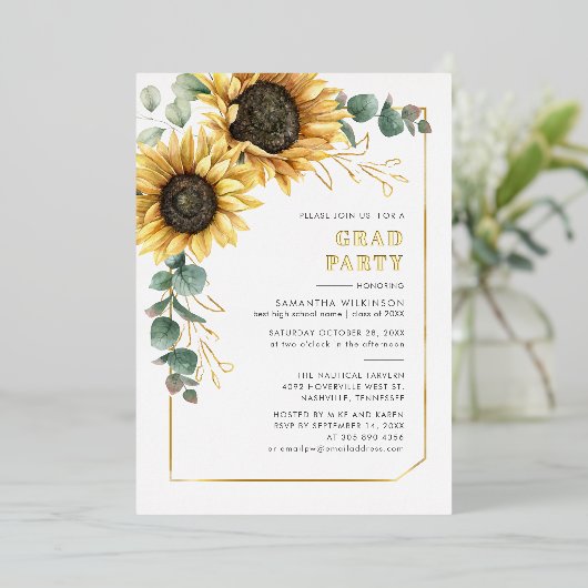 Zonnebloem Eucalyptus Afstuderen 2025 Party Folie Uitnodiging (Staand Voorkant)