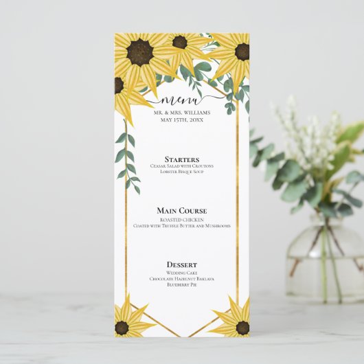 Zonnebloem Eucalyptus Aquarel Gele Bloemen Menu (Staand voorkant)