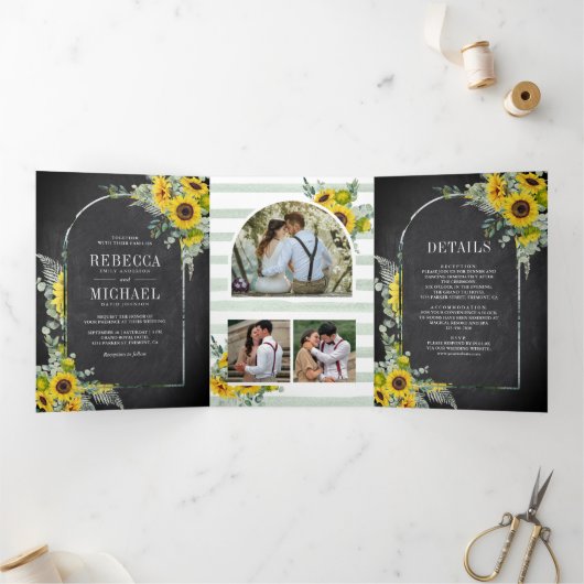 Zonnebloem Eucalyptus Arch Chalkboard Weddenschap Drieluik Uitnodiging (Binnen)