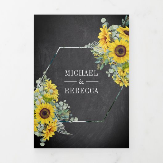 Zonnebloem Eucalyptus Arch Chalkboard Weddenschap Drieluik Uitnodiging (Cover)