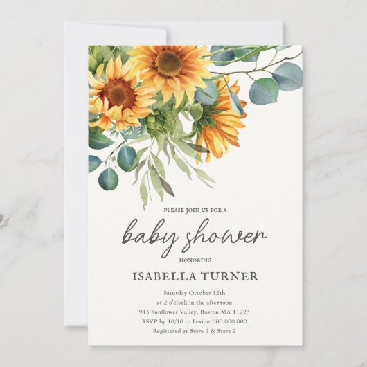 Zonnebloem & Eucalyptus Baby Shower Uitnodiging (Voorkant)