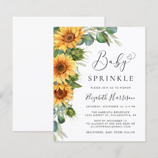 Zonnebloem Eucalyptus Baby Sprinkle Invite (Voorkant / Achterkant)