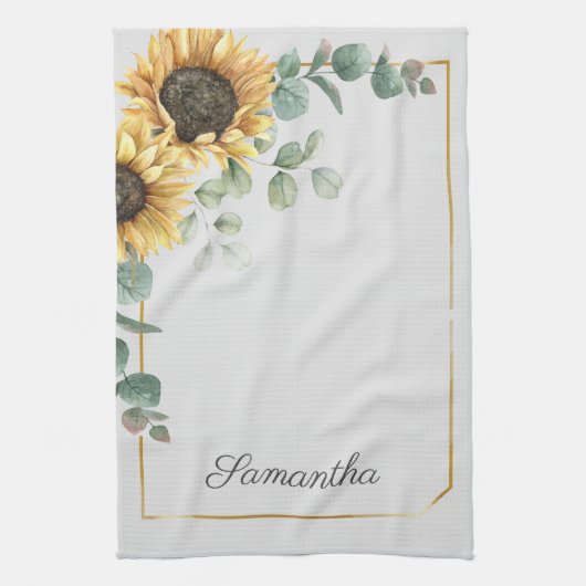 Zonnebloem Eucalyptus Bladeren Script Monogram Theedoek (Verticaal)