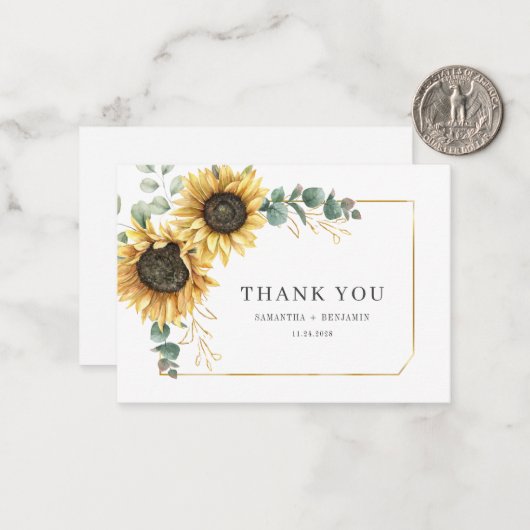Zonnebloem Eucalyptus Bloemen bruiloft Dank u kaar Notitiekaartje (Voorkant / Achterkant in situ)