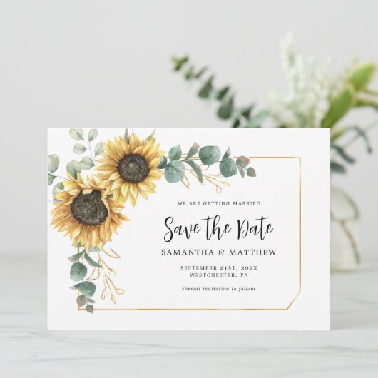 Zonnebloem Eucalyptus Bloemen Website QR Code Save The Date (Staand voorkant)