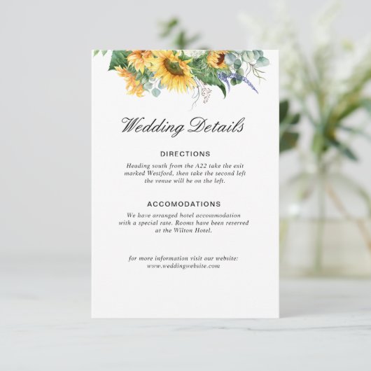 Zonnebloem eucalyptus bloemenbruiloft details kaar informatiekaartje (Staand voorkant)