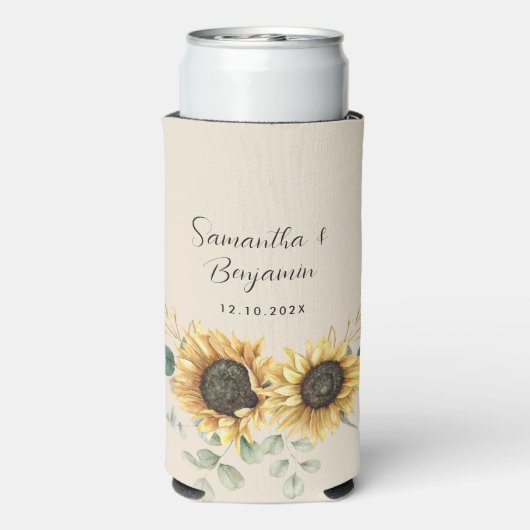 Zonnebloem Eucalyptus Bloemenscript Bruiloft Favor Seltzer Blikjeskoeler (Seltzer Achterkant)