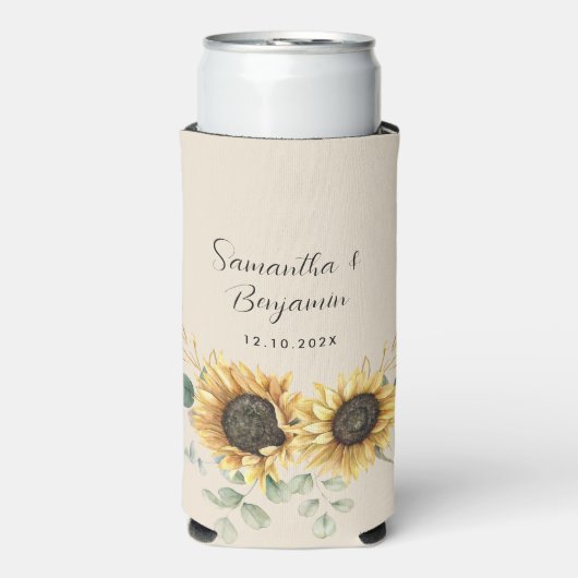 Zonnebloem Eucalyptus Bloemenscript Bruiloft Favor Seltzer Blikjeskoeler (Seltzer Voorkant)