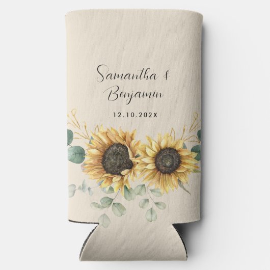 Zonnebloem Eucalyptus Bloemenscript Bruiloft Favor Seltzer Blikjeskoeler (Achterkant)