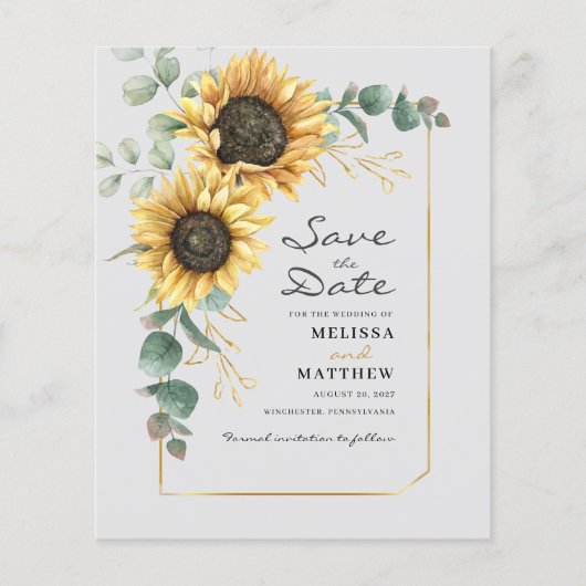 Zonnebloem Eucalyptus Bloemstuk Save The Date Flyer (Voorkant)
