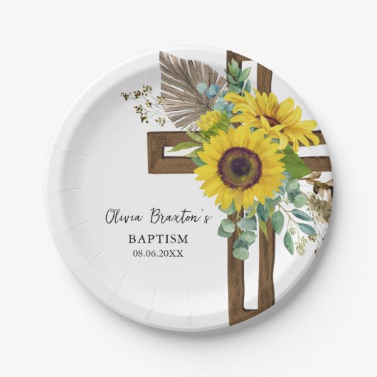 Zonnebloem & Eucalyptus Boho Doop Papieren Bord (Voorkant)