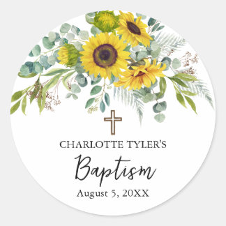 Zonnebloem & Eucalyptus Boho Kruis Doop Ronde Sticker